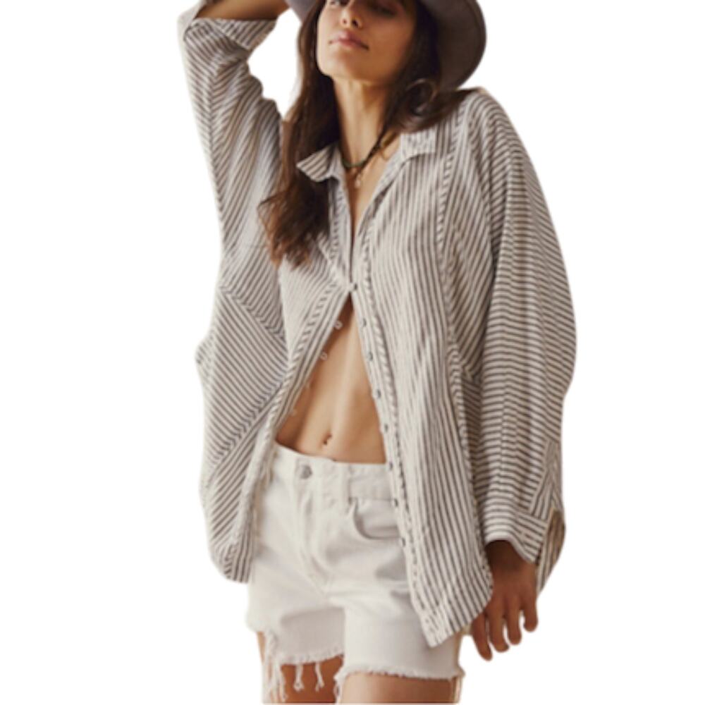 FREE PEOPLE One & Only Linen Blend Blouse Tunic Sz L Black White Boho Festival